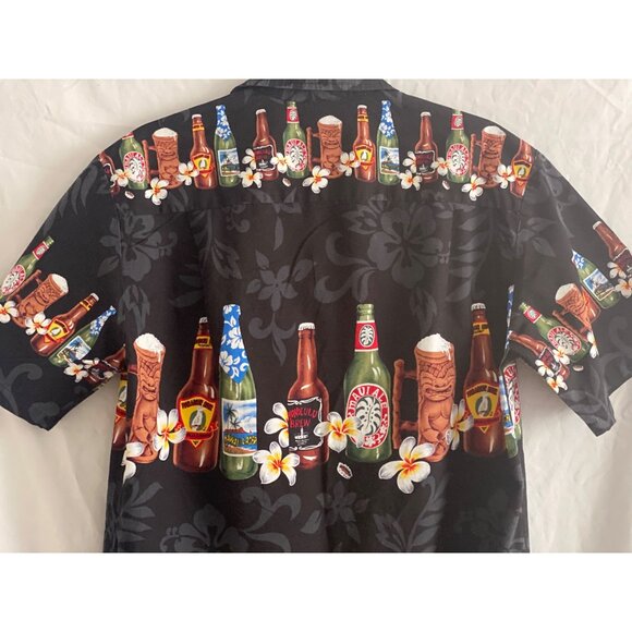 VTG Pacific Legend Hawaii SS Black Aloha Shirt Button Down Beer Bottle Floral M - Picture 15 of 16